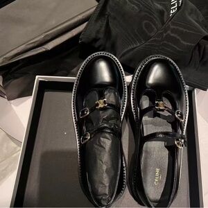 Celine Black Patent Leather Mary Jane Heeled Loafers